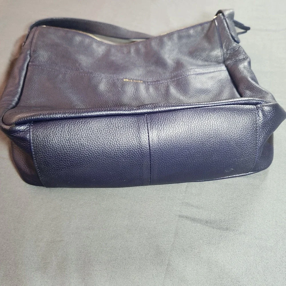 Cole Haan Navy Blue Pebbled Leather Shoulder Bag Purse with Gold-toned Hardware